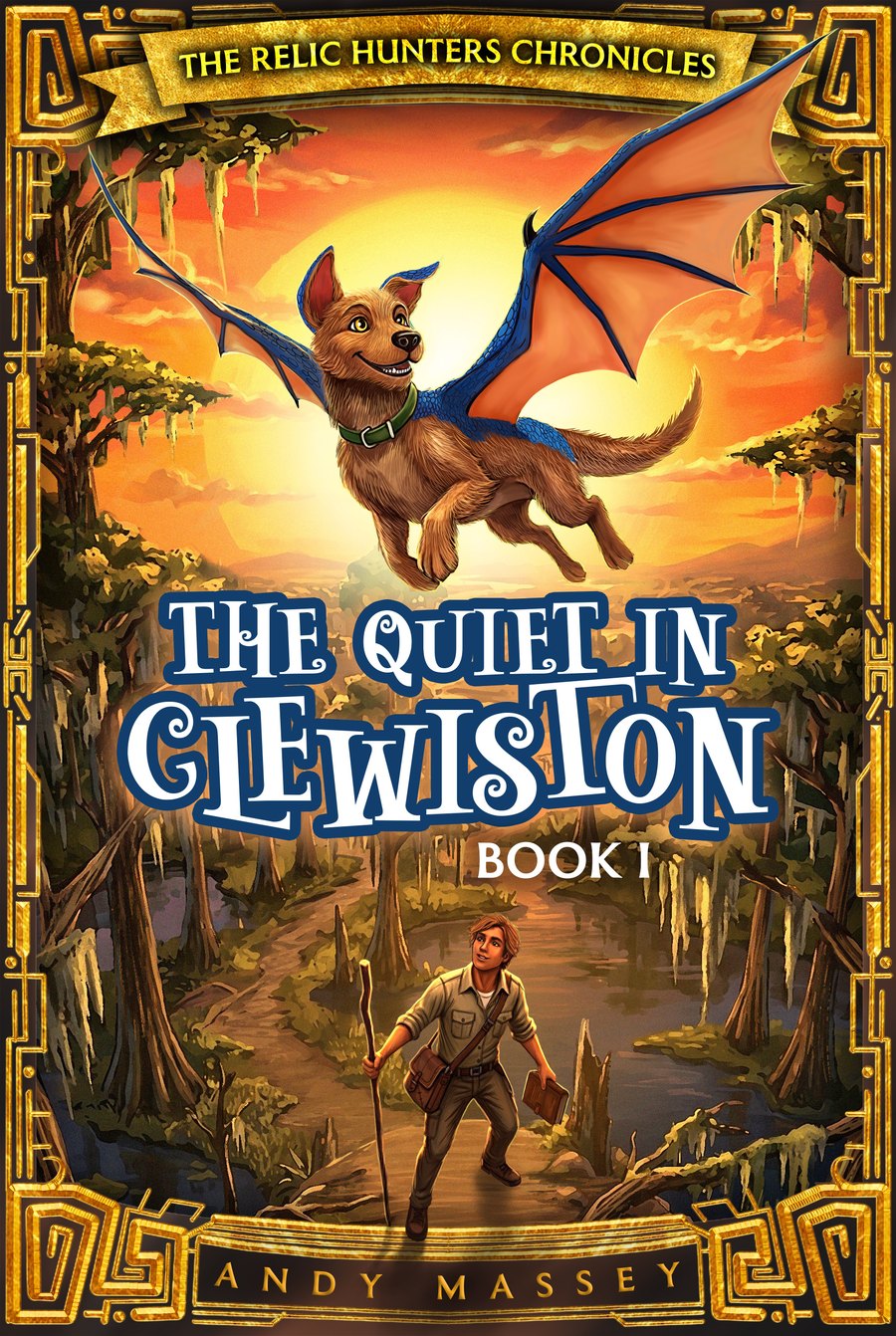 The Quiet in Clewiston — Book One cover: Boaz the dragon-dog in flight over a swamp at sunset, with Steve Massey on the trail below