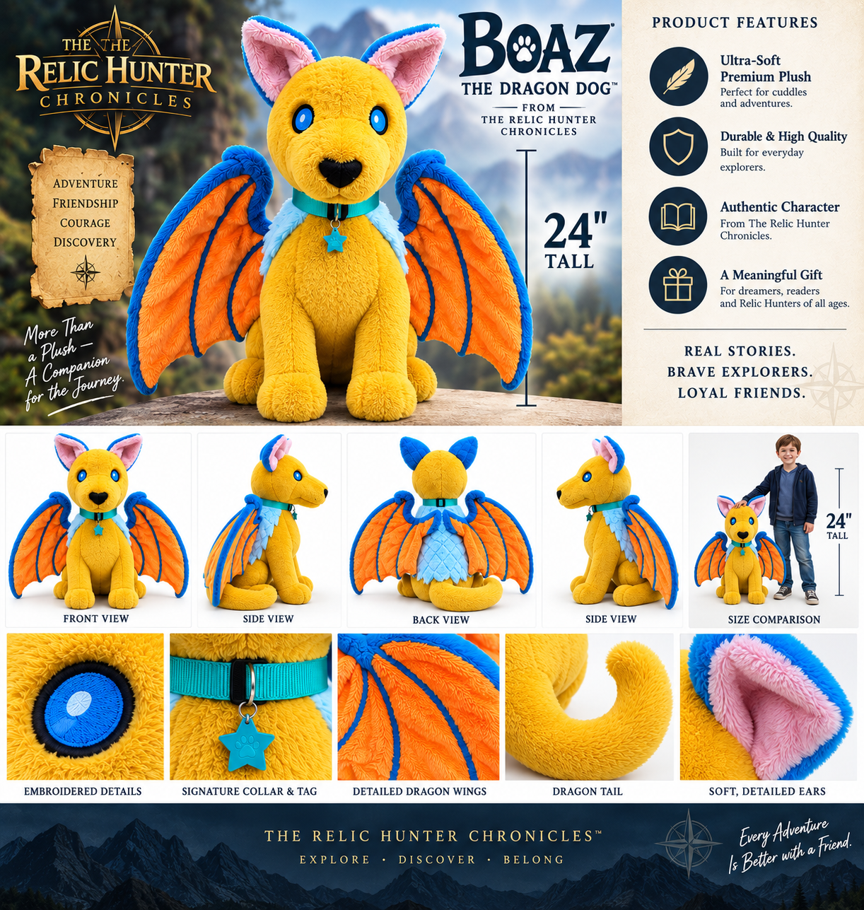 Boaz the Dragon Dog plush &mdash; 24 inches tall, ultra-soft premium plush with dragon wings, signature collar and tag, from The Relic Hunter Chronicles